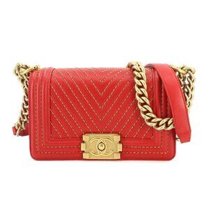 CHANEL BoyCHANEL Small Chain Shoulder Bag Leather Red V stitch 9
